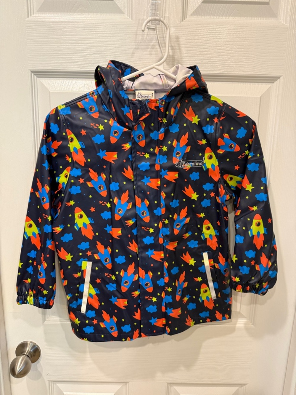 Kids' Navy Rocket Print Rain Jacket - Hooded